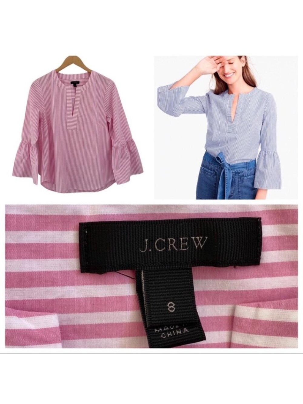 J. Crew Pink Striped Bell Sleeve 100% Cotton Tunic Top Coastal Preppy Sz 8
